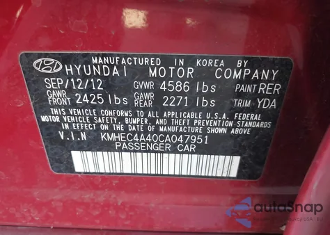 2012 Hyundai Sonata Hybrid from USA, damaged, VIN KMHEC4A40CA047951